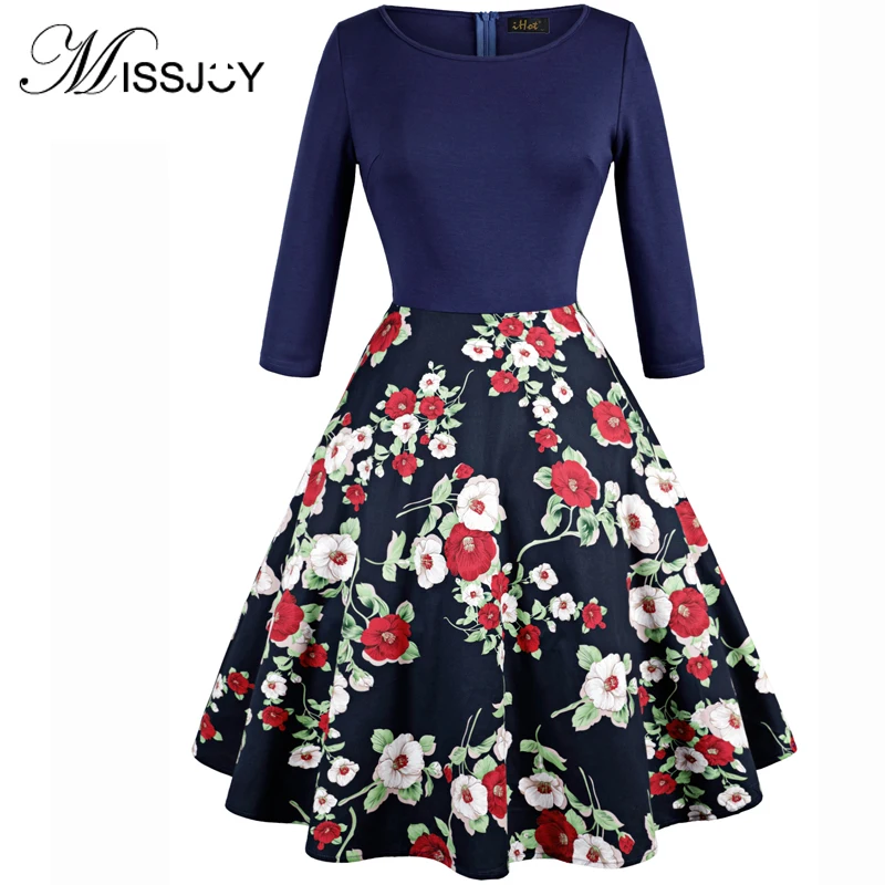 

MISSJOY Fashion Women Clothing 2018 Autumn 3/4 sleeve O-neck vintage floral Lemon print elegant ladies Knee-Length Party Dresses
