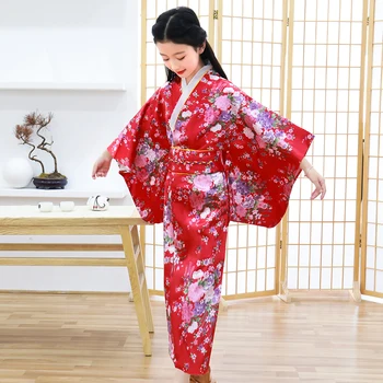 

Floral Young Girl Japanese Traditional Kimono Children Red Novelty Dance Dress Baby Girl Cosplay Dress Costumes Yukata S M L