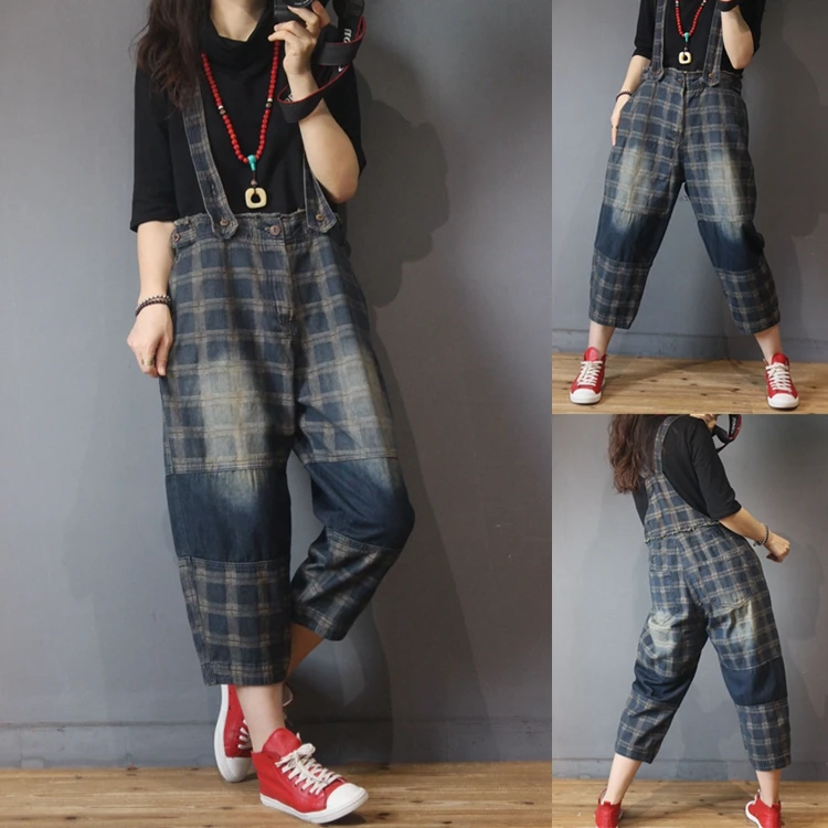 Blanqueado Y Del Todo Casuales Vintage Las Mujeres De Denim Overoles Azul Otoño Plus Primavera fósforo Tamaño Plaid 7qnSd7