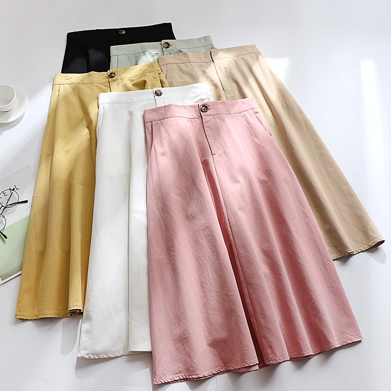 

Summer A-line Medium Solid Cotton Skirt Empire Waist Zipper Casual Candy Cotton Flared Midi Skirts Pink Yellow Mint Green Skirts
