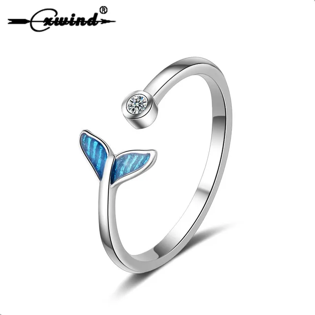 Cxwind Silver Fashion Crystal Mermaid Tail Rings for Women Knuckle Wonderful Gift For Girls Kids Lady's Gift Finger Whale Ring