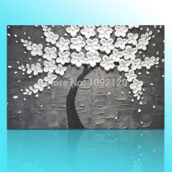 

Hand-painted Big Size Picture Wedding Home Decor Snow White Wall Painting Flower Tree Gray Thick Knife Oil Painting On Canvas