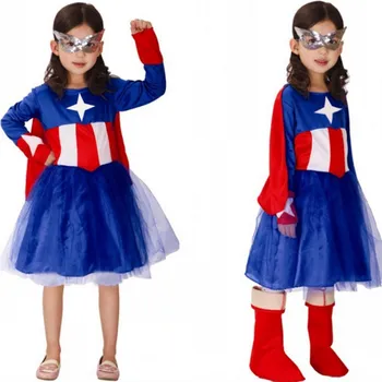 

Free Shipping Kids Girls Cosplay Clothes Captain America Costume Christmas Carnival Halloween Masquerade Children Fancy Dress