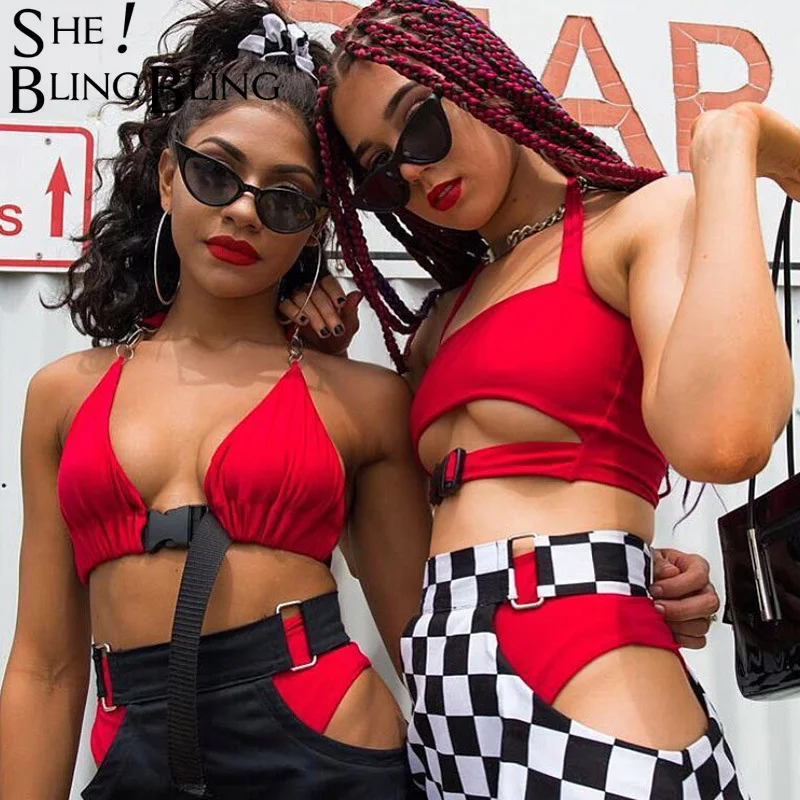 

Sheblingbling Halter Neck Deep V Women Summer Camisole Metal Chain Bandage Adjustable Plastic Buckle Backless Club Crop Tops