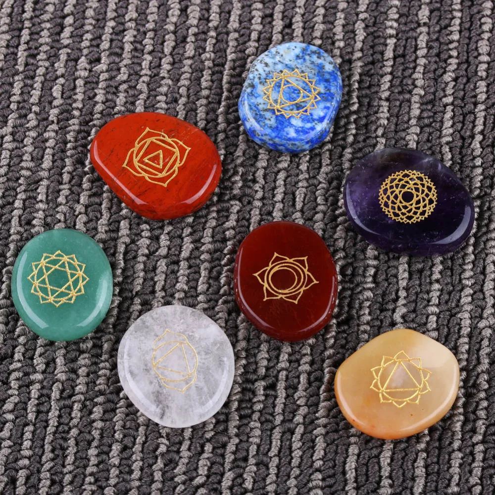 

7 piece Engraved Chakra Stone Palm Stone Crystal Reiki Healing Free Shipping