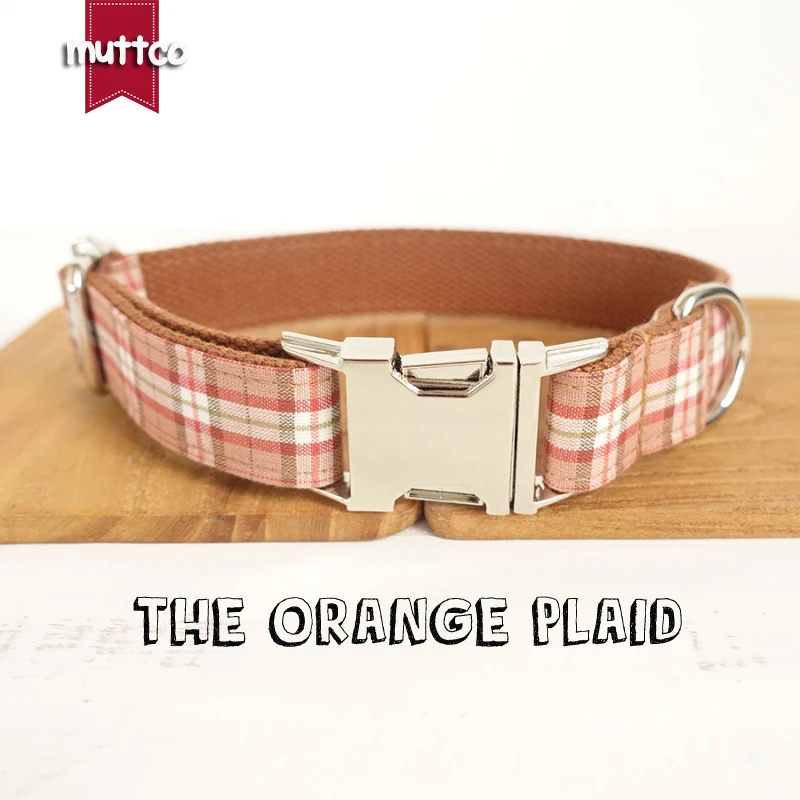 

10pcs/lot MUTTCO wholesale stout durable soft handmade cotton and nylon dog collar THE ORANGE PLAID 5 sizes Husky collars UDC042