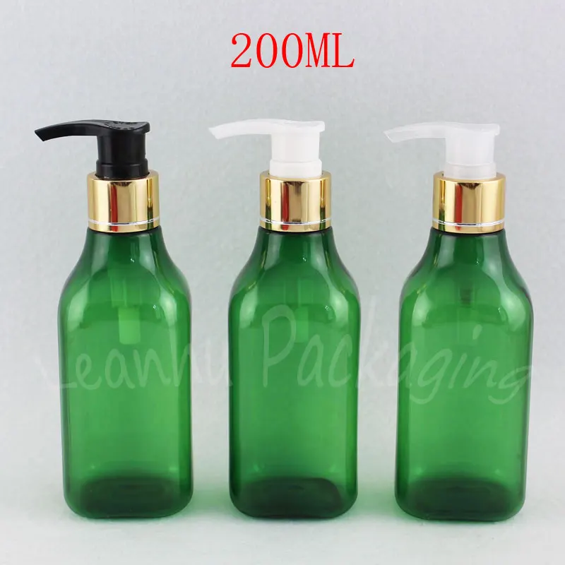 200ML Green Square Plastic Bottle With Gold Lotion Pump , 200CC Empty