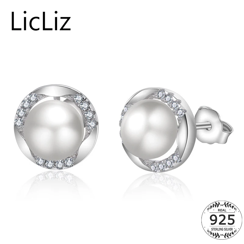 

LicLiz 925 Sterling Silver Freshwater Pearl Stud Earrings For Women Ear Piercing Post Studs Cubic Zirconia Earings Round LE0360