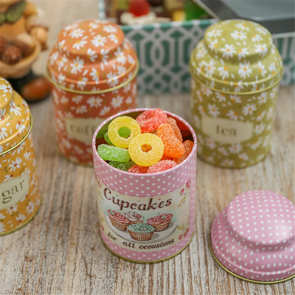 

4 Pcs/lot European Tinplate Storage Boxes with Cover Candy Biscuit Mini Jars Coffee Bean Tea Iron Can