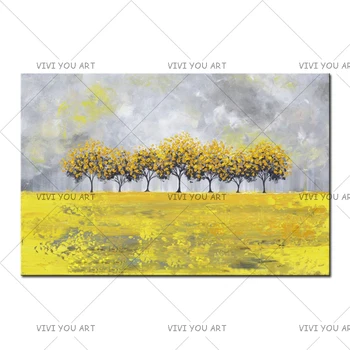 

Abstract Yellow Grey Oil Painting Tree Landscape Canvas 100% Hand Painted Modern Nature Rain Gold Flower Tree Home Decorative