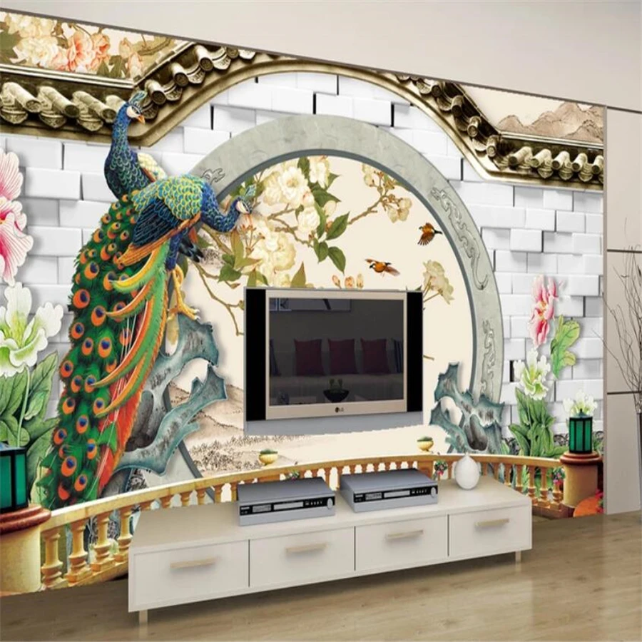 

beibehang Custom wallpaper 3d photo mural new Chinese jade carving peony flower open peacock figure TV background wall paper 3d