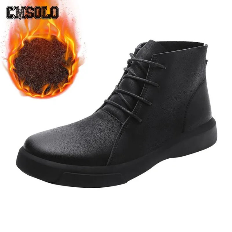 CMSOLO/зимние мужские ботинки на плоской подошве, мужские ботинки на резиновой подошве, новые модные повседневные мужские зимние ботинки из натуральной кожи в студенческом стиле - Цвет: Plush Black