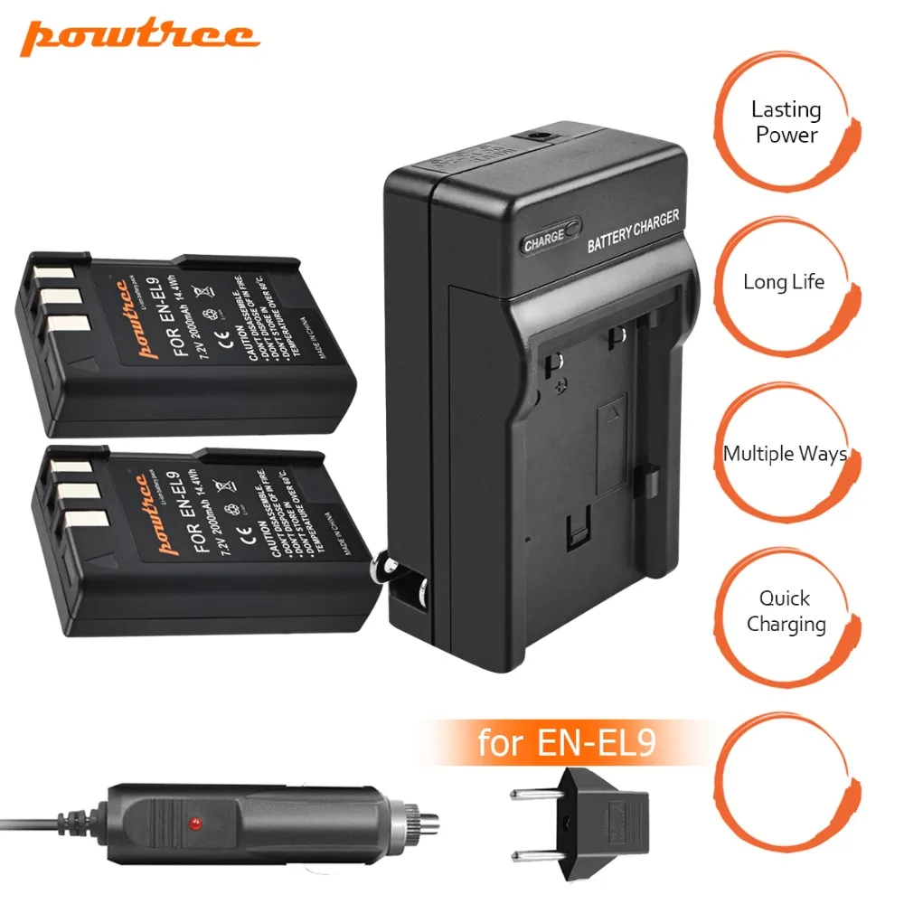 

2pcs EN-EL9 EN EL9 ENEL9 Battery +Charger+car charger 7.2V 2000mAh Camera Battery For Nikon EN-EL9a D40 D40X D60 D3000 D5000 L15