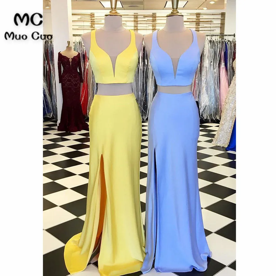 2018 yellow sky blue satin two pieces long slit column evening dresses