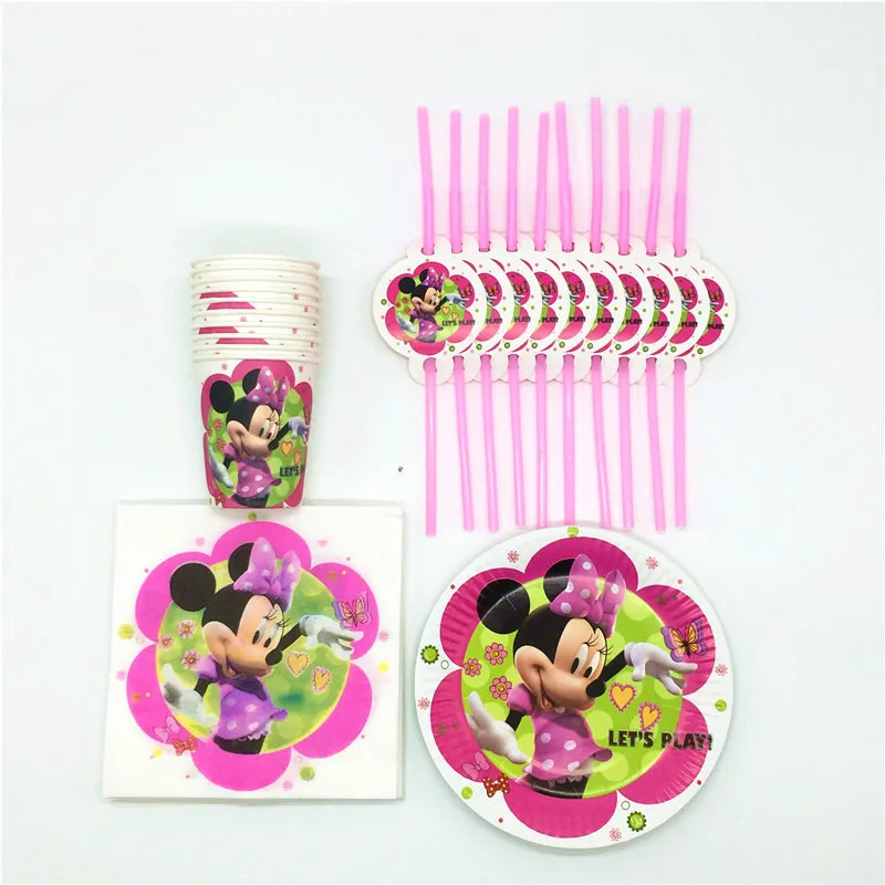 

50pcs/lot Disney Minnie Mouse Plastic Straw Kid Favors Cup Plate Family Party Baby Shower Decoration Supply For Child Birthday