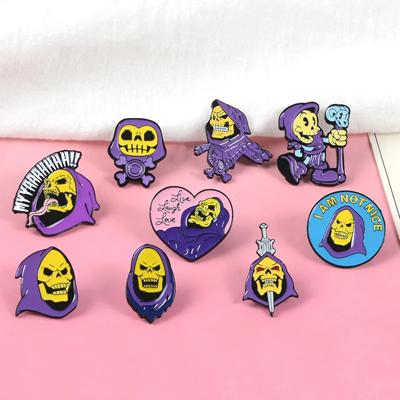 

9 Styles He-Man and the Masters of the Universe Live Laugh Love Skeleton Skull Sword wand Halloween Enamel Brooches Lapel Pins