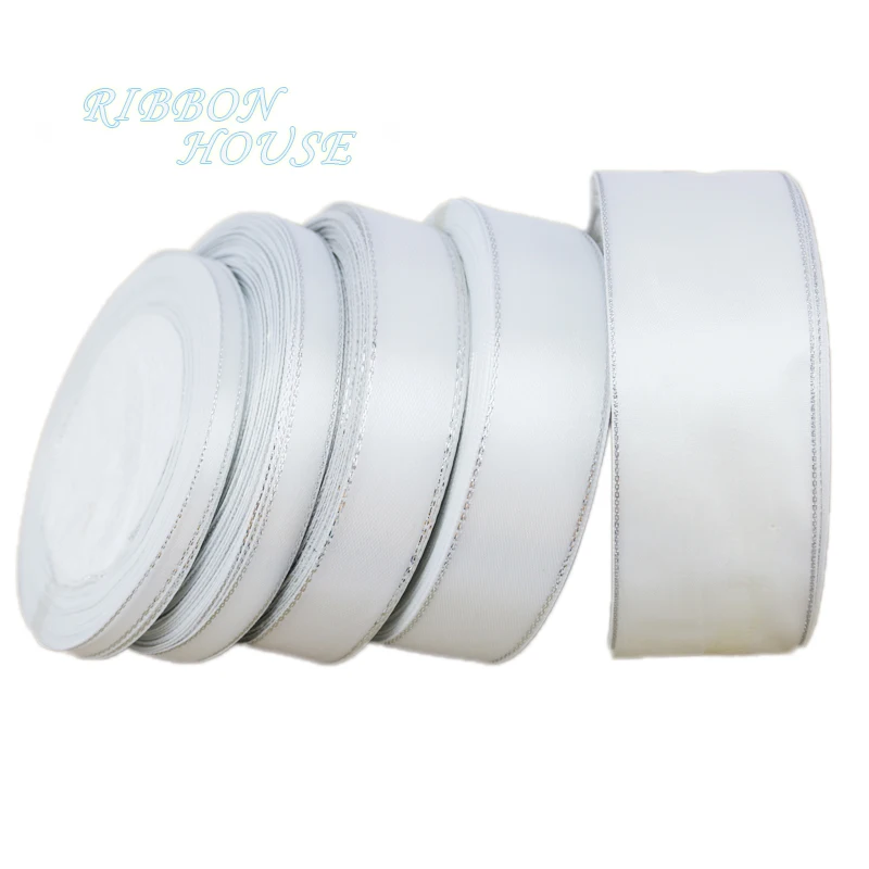 25yards/roll Satin Ribbon White Silver Edge Gift Packaging Christmas 6/10/20/25/40mm