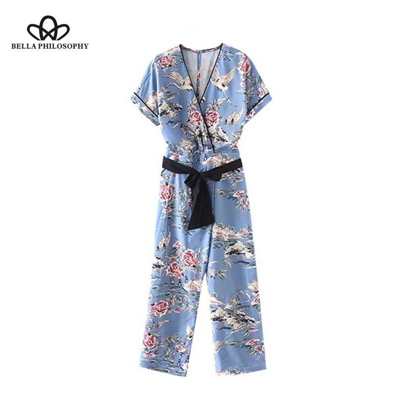 

Bella Philosophy women vintage floral V neck jumpsuits bow tie sashes short sleeve back split rompers ladies summer playsuits