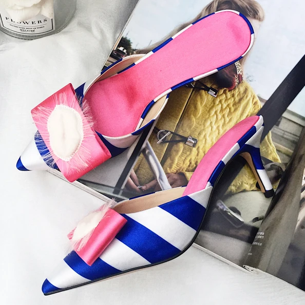 

Navy Blue Striped Women Silk Pumps Shoes Sexy Lips Feather Pattern High Heels Pointed Toe Summer Party Sandals in Thin Heels