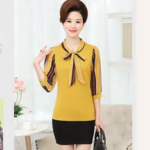 Осенняя и зимняя женская футболка с бантом и рукавом для среднего возраста PXOS26NF8864