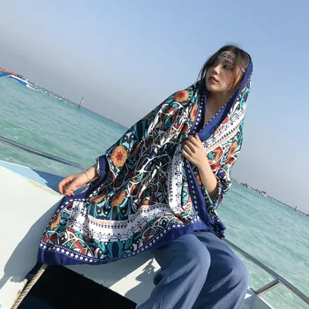 

ethnic head scarf women autumn Mexico style vintage design long blue print neck scarf kerchief cloud muffler cape