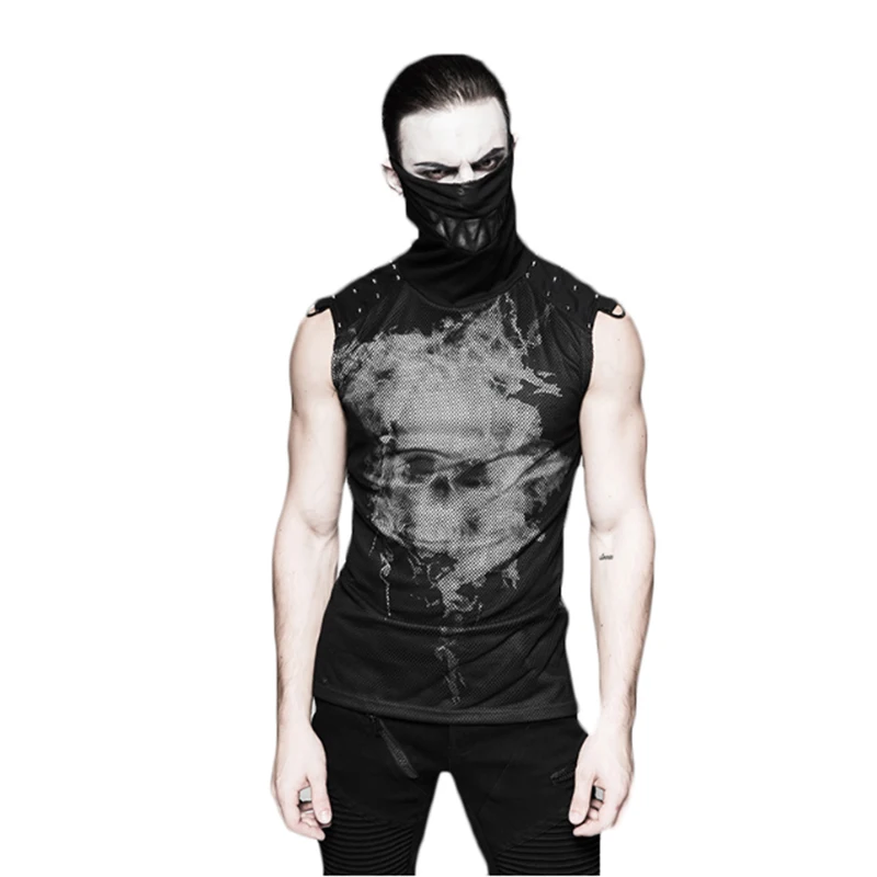 

Steampunk Skull 3D Printing Ghost Teeth High Collar Vest Tees Rivet Shoulder Transparent Sleeveless T-shirt
