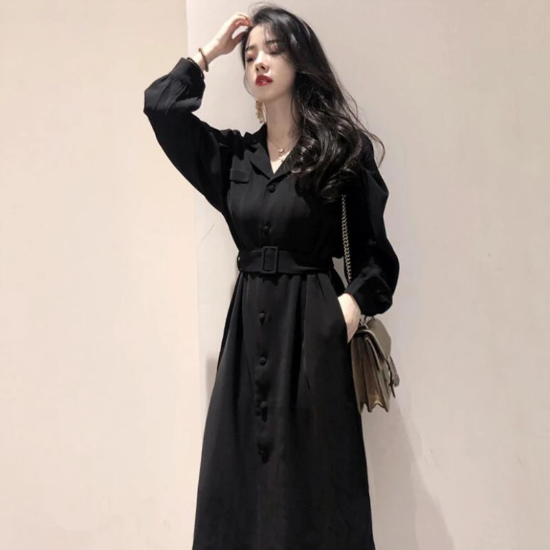 

Women Spring Vintage Long Sleeve Black Belt Dress