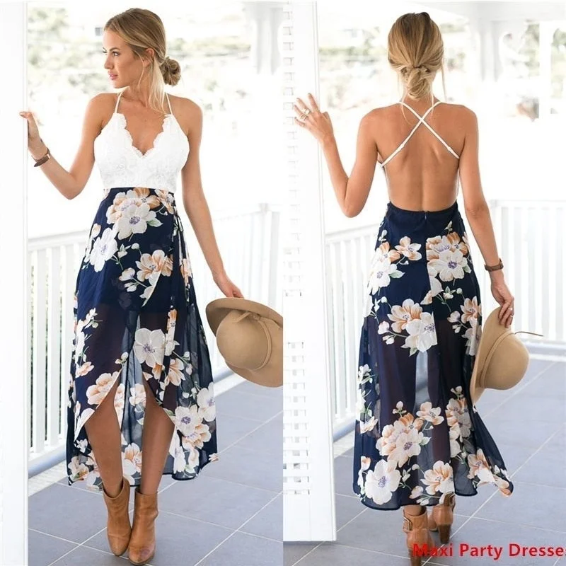 

Womens fashion floral deep V-neck Spaghetti Strap backless dress beach party sleeveless long lace dress for women summer spring