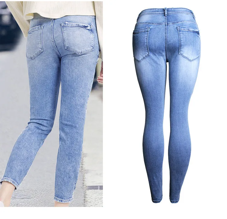 Джинсы бойфренда для женщин поцарапанные модные летние потертые джинсы средней длины растягивающиеся обтягивающие джинсы стираного синего цвета