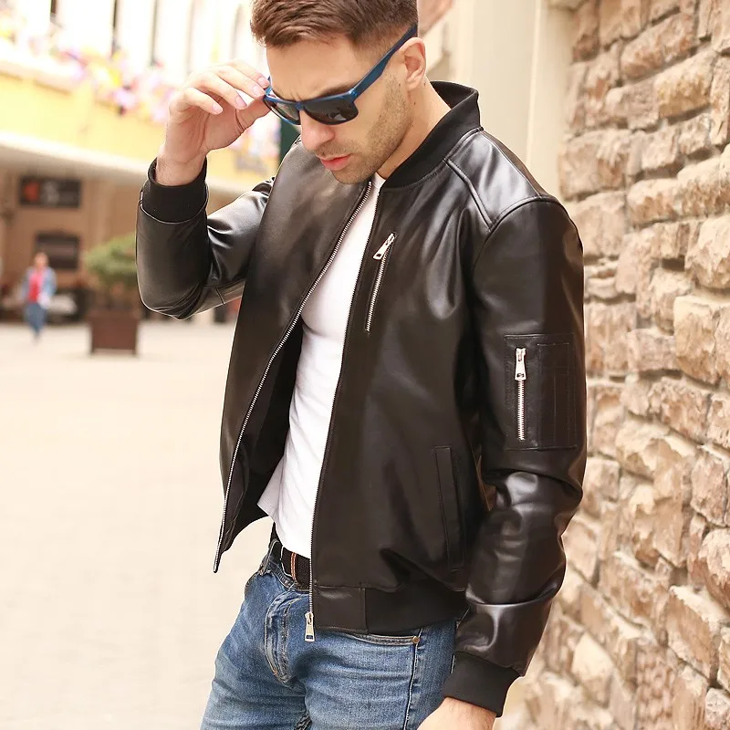 Black Luxury Aviation Genuine Leather Bomber Jacket Men Sheepskin Real Leather Flight Jacket Slim Pilot Coats Veste Cuir Homme