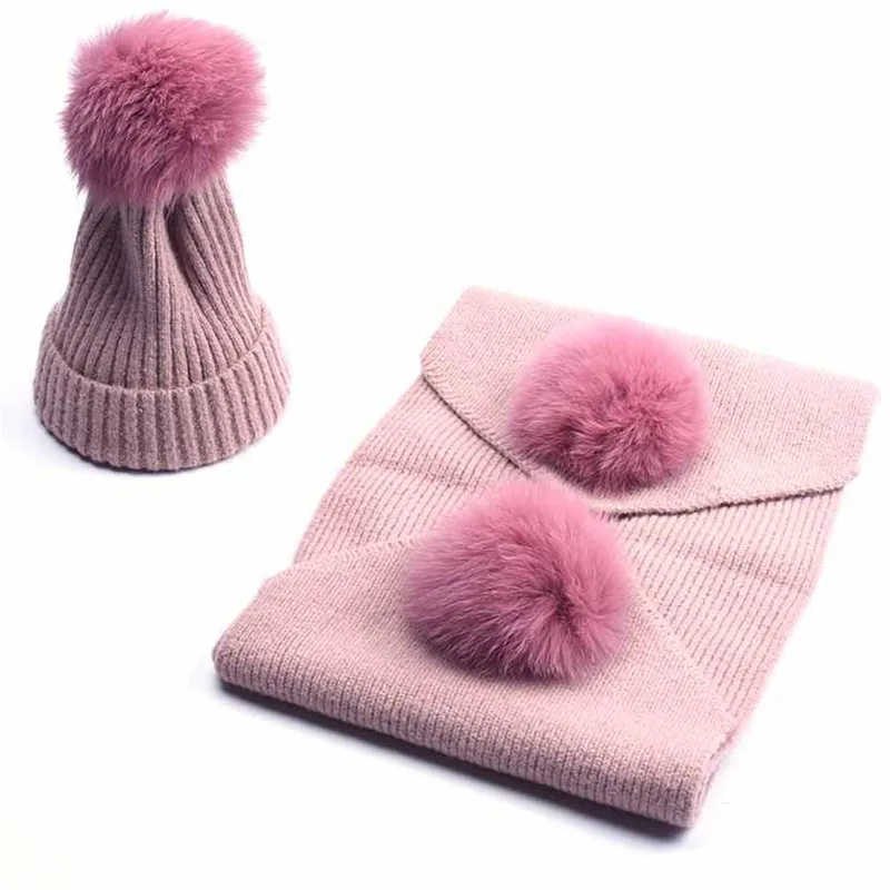 Pom детские зимние шапки и Кашемировый Шарф вязаный шерстяной помпон детские вязаные шапки шапка зимняя шапка для детей Прямая - Цвет: Розовый