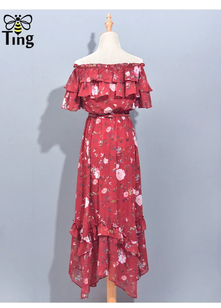 Tingfly Boho Летние Цветочные шифоновое платье с оборками для женщин Slash средства ухода за кожей Шеи повседневное длинное платье красный принт богемное пляжное