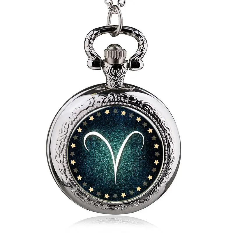 

New Fashion Silver Steel Zodiac Aries Quartz Pocket Watch Necklace Pendant Gift For Men Women