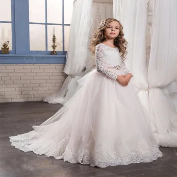 

Elegant First Holy Communion Pageant Dress Trailing Long Sleeve Flower Girl Dress Graduation Gown Govestido de Daminha 2017