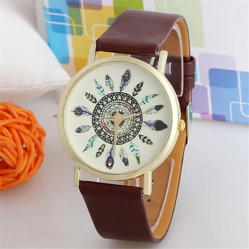 Men's Watch Vintage Feather Dial Leather Band Quartz Analog Unique