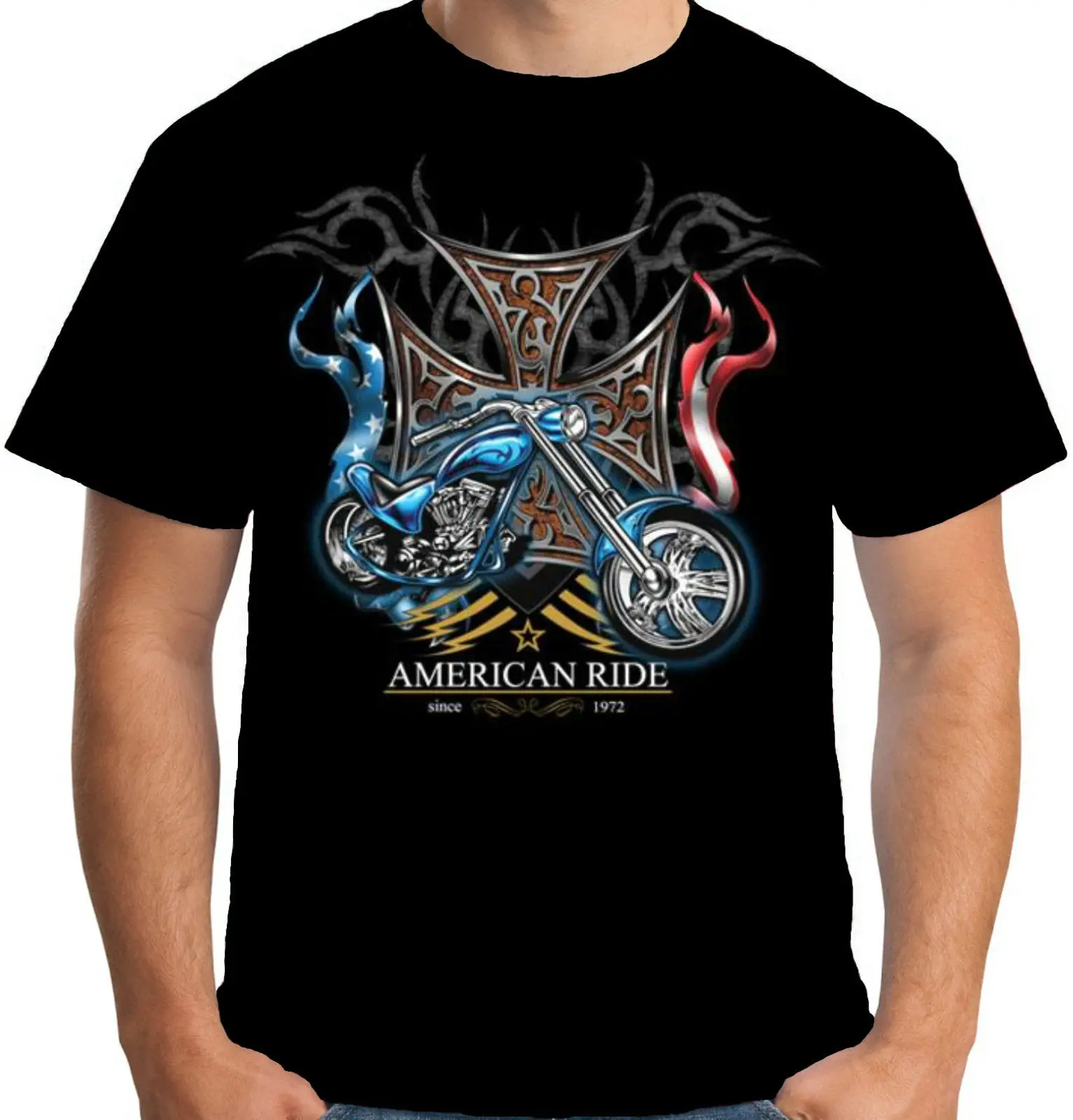 

2019 Hot Sale Summer Mens American Ride T Shirt Chopper Biker Motorcycle Bobber A17872 100% Cotton for Man Shirts