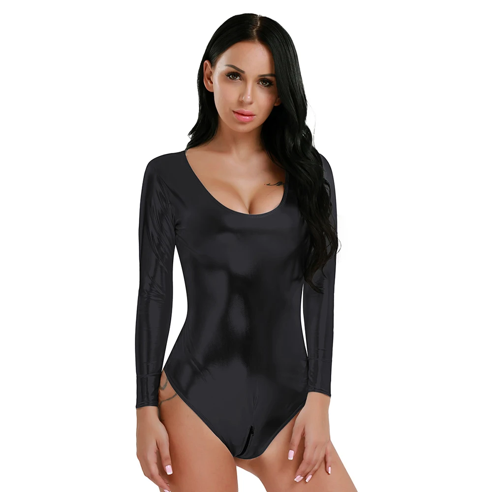 iEFiEL Sexy Womens Wetlook Bodycon Patent Leather Leotard Bodysuit with Zipper Crotch High Cut Dancewear for Nightclub Parties white bodysuit