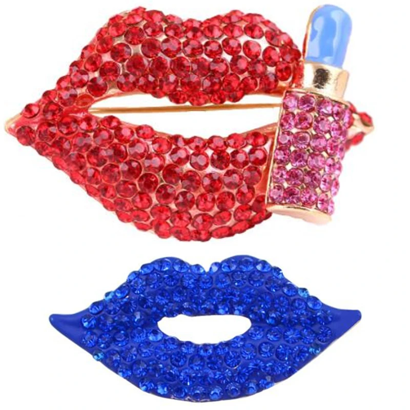 

WKOUD High Quality Red & Blue Crystal Rhinestones Paved Lips and Lipstick Brooch Pins for Lady or Girls