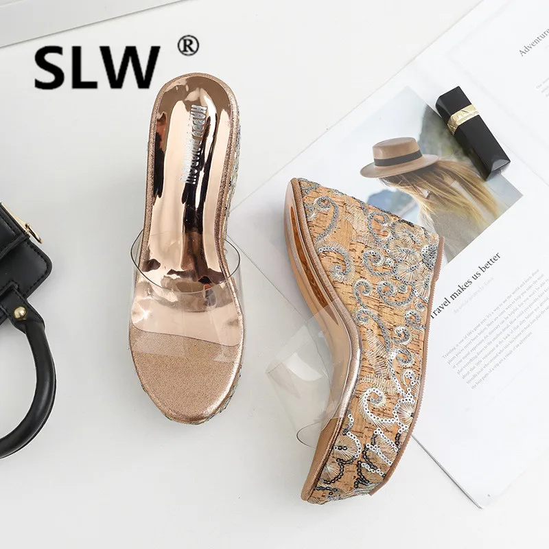 

summer new crystal platform wedges slides creepers open toe muffins woman flip flops transparent jelly sandals woman 2019