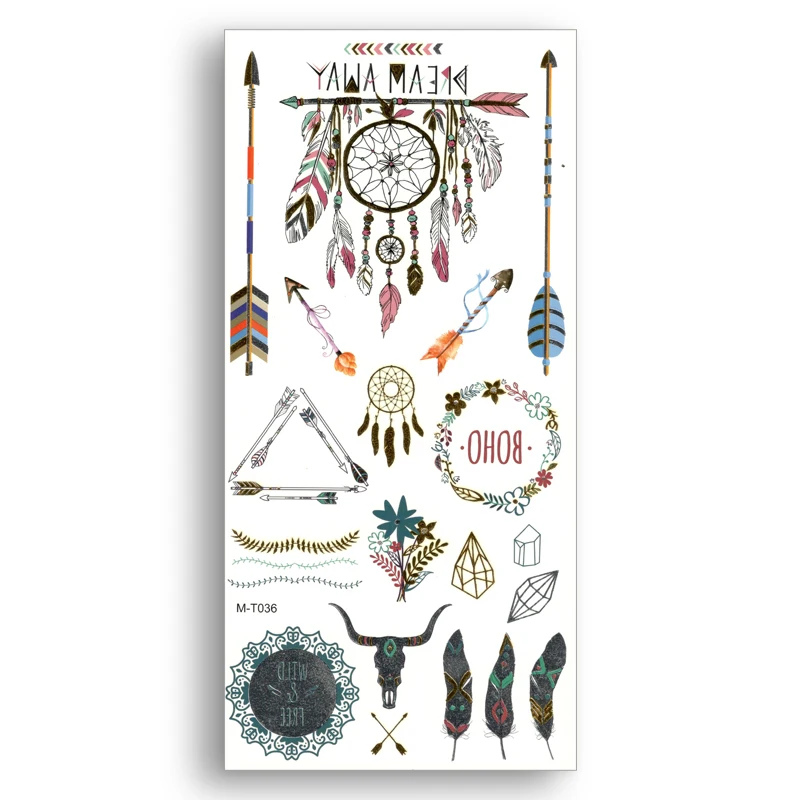 

Temporary Fake Gold tattoos Waterproof Water Transfer Color arrow feather Dreamcatcher Stickers Women Beauty Sexy Body Art