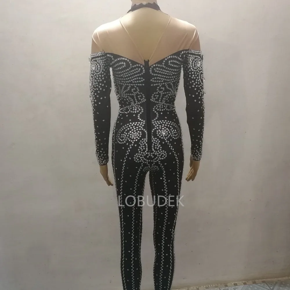 Черный женский комбинезон Zentai Стразы боди с кристаллами женская одежда для