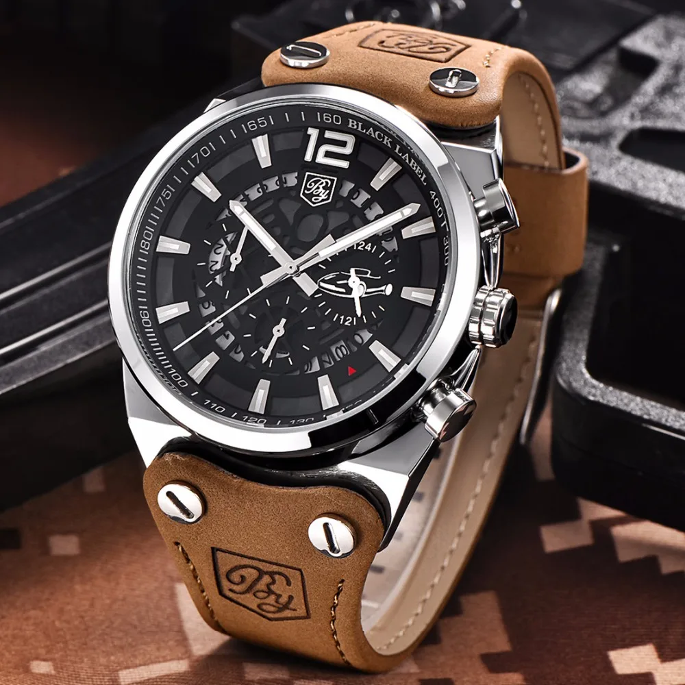 Benyar Men Watches Top Brand Luxury Male Leather Waterproof Sport Quartz Chronograph Military Wrist