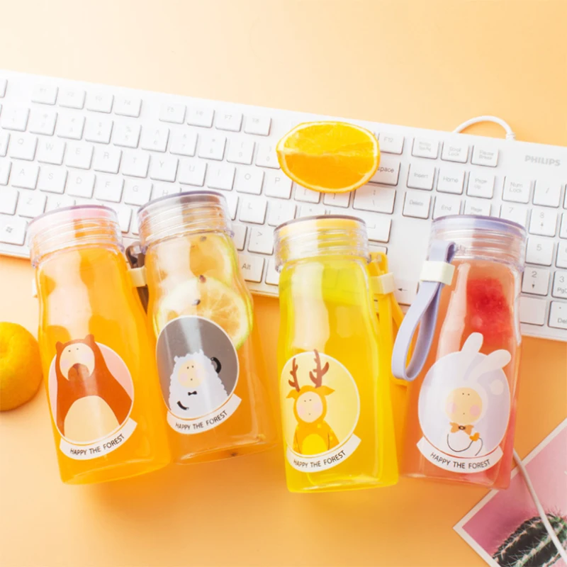 Cute Animal Pattern Glass Water Bottle With Belt Leak proof Clear Body