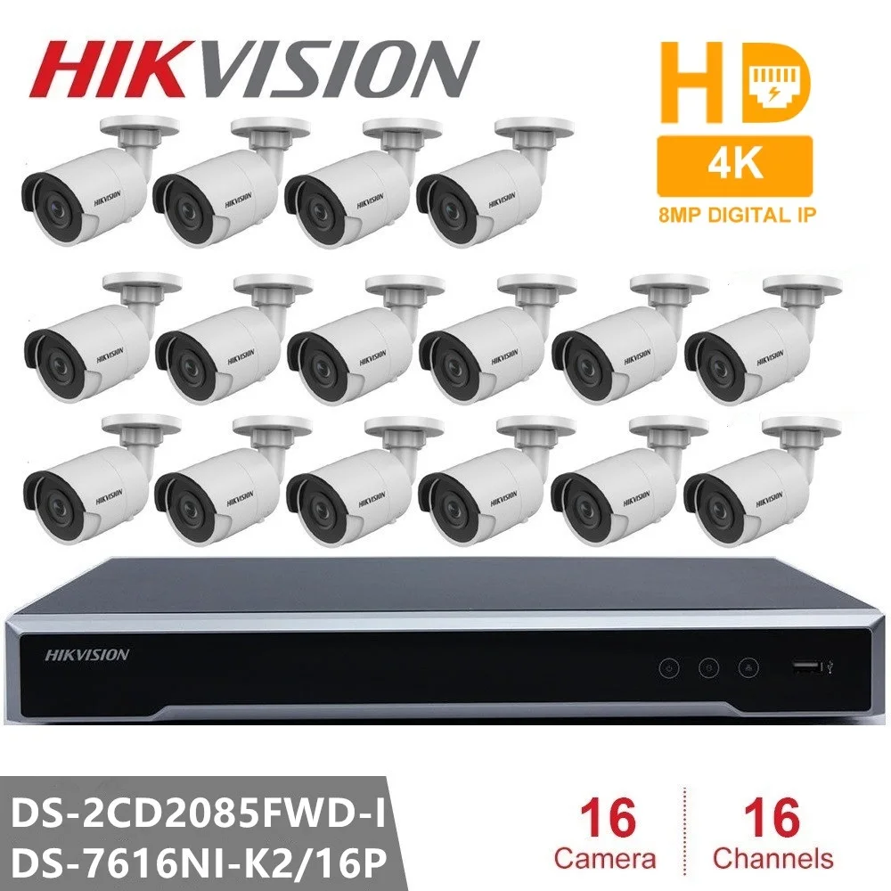 Hikvision комплекты видеонаблюдения встроенные Plug& Play 4K 8MP разрешение NVR+ 16 шт DS-2CD2085FWD-I 8MP наружная IP камера CCTV