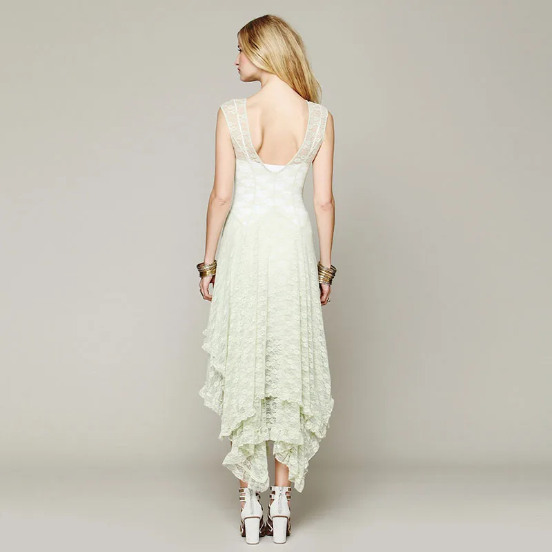 Ahmagen Sexy Irregular Lace Dress Women Hollow Out Elegant Party Dresses Backless Pleated Long Maxi Skater Dress Summer Beach Wear 201712