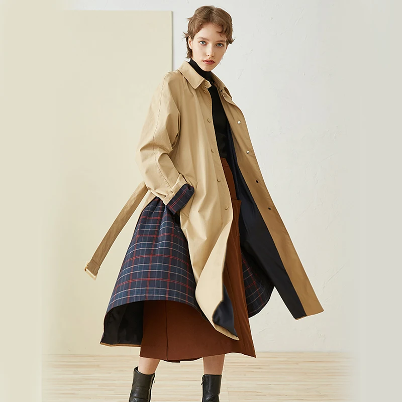 Khaki À Manches Nouveau Coupe Revers Ji314 Printemps Marée Longues vent 2019 Plaid Femmes Commune Kaki eam Veste Côté De Fendue Longue Mode wqI1x5XAn