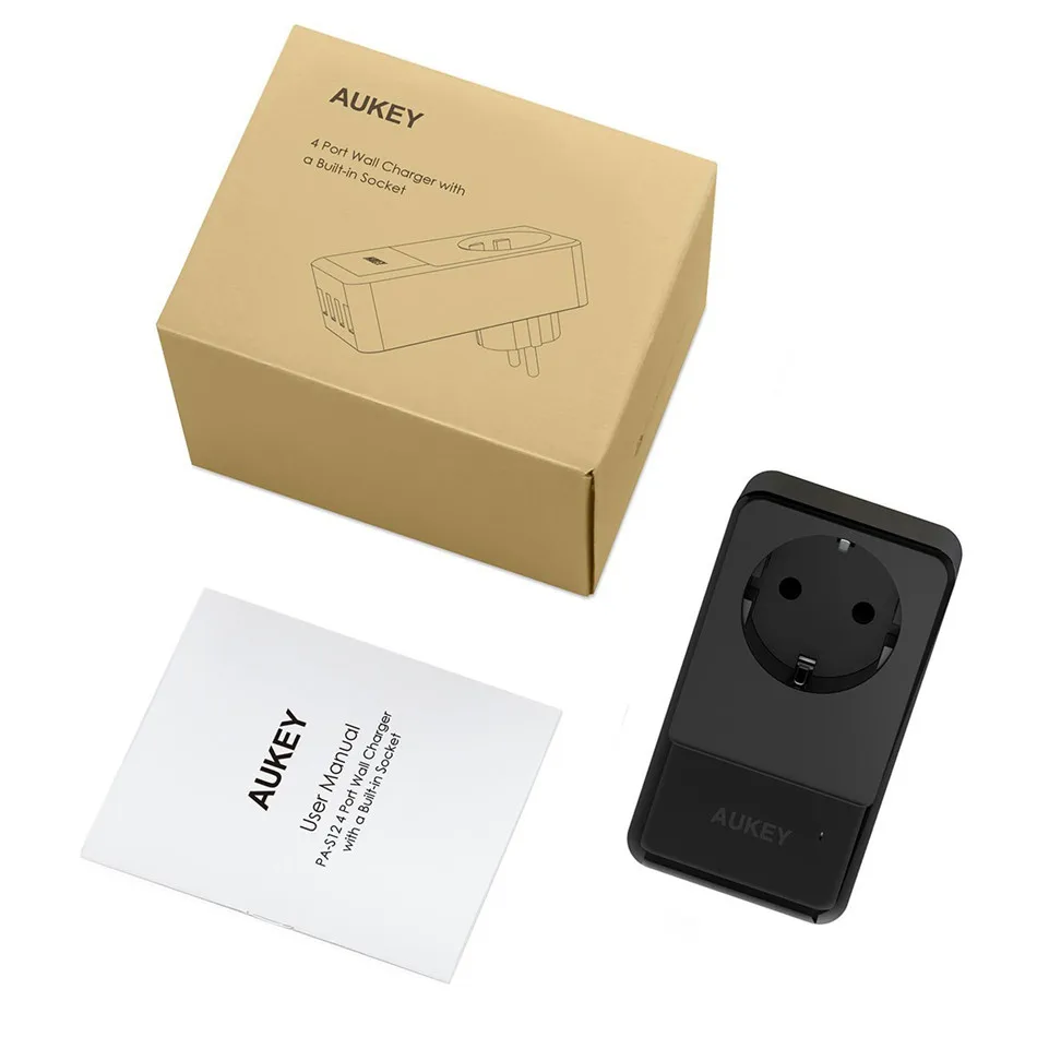 Aukey Travel Multi USB Charger 4 Port Adapter Mobile Phone Smart Wall Charger Fast Charging for Phone With Built in EU Socket