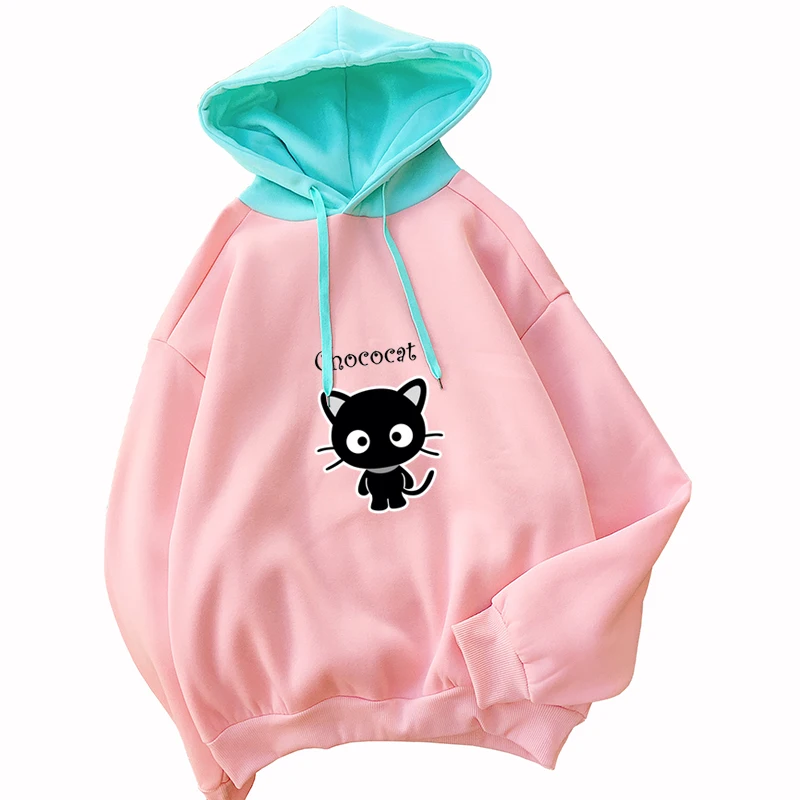 

Sweatshirt Women Pink Long Sleeve Patchwork Hoodies Pullover Sudadera Mujer Casual Harajuku Kawaii Cartoon CHOCOCAT Tops Moletom