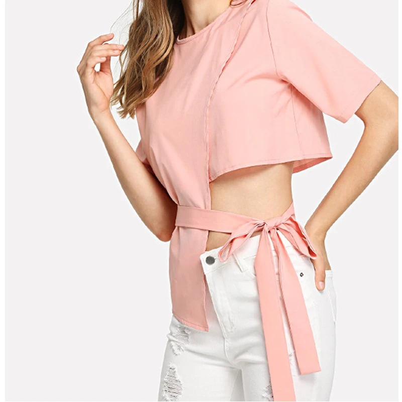 

2019 women tops o-neck short sleeve summer fashion new High waist bow half-back short sleeves pink sexy blouses shirt 559F3