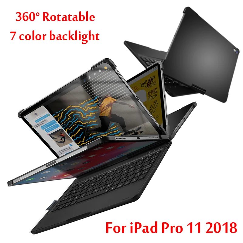 

For iPad Pro 11 2018 Case 360 degree rotation 7 Colors Backlit Light Wireless Bluetooth Keyboard Case Cover